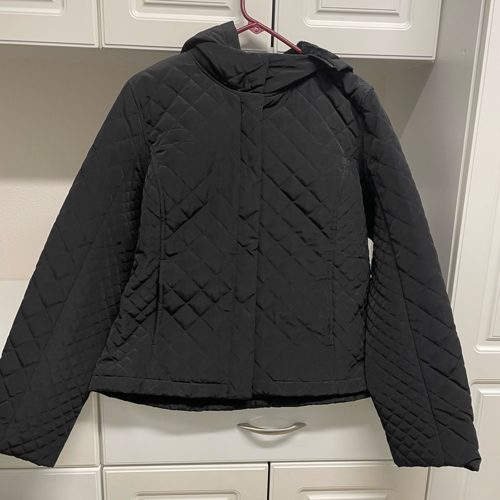 Calvin Klein Black Diamond Quilted Puffer Jacket Removable Hood Size L Womens